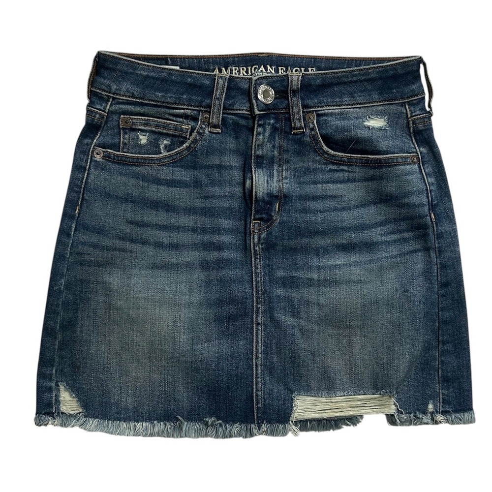 American Eagle Denim Mini Skirt Distressed Frayed Hem Super Stretch Blue Size 2